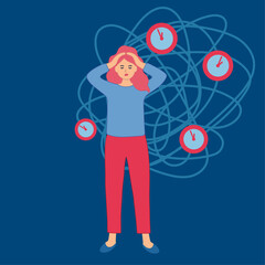 Stress, burnout and bad time management concept. Young sad Businesswoman cartoon character sitting feeling stressed pressured by lack of time at work vector illustration