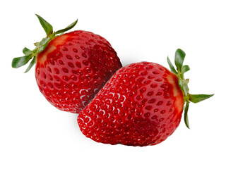 Two strawberries close up on transparent background