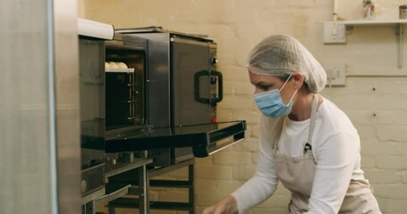 Oven, bread and bakery with woman in kitchen for catering, food and product. Entrepreneur, baker and small business owner with female chef and cooking in restaurant for pastry, production and cafe