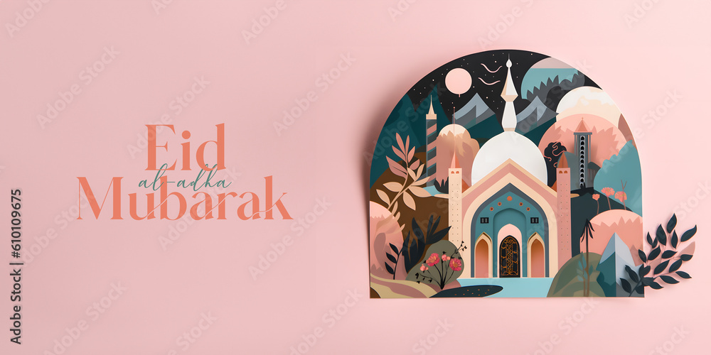 Wall mural islamic greetings eid al adha mubarak social media post 3d realistic style, generative ai