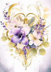 Wedding card with hearts surrounded by leaves and flowers, light violet and gold, feminine sticker art, organic abstracts, aquarellist, purple white & gold. Generative Ai.