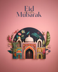 Islamic greetings Eid al adha mubarak social media post 3d realistic style, generative ai