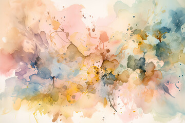 Soft pastel watercolor splatters in shades of pink and peach with subtle hints of yellow and blue, generative ai