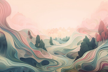 Soft Pastel Swirls and Curves in a Dreamy Landscape, generative ai