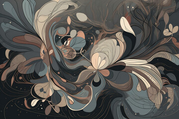 sophisticated abstract composition of intricate organic shapes in muted colors on a dark grey background, generative ai