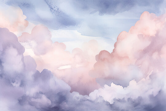 Soft watercolor clouds in shades of lavender and light blue with a touch of peach, generative ai