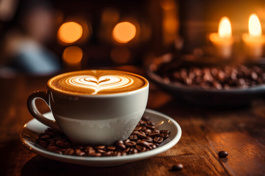 Cappuccino with heart decoration over foam. Valentine's day cup. Love concept. Coffee beans scatered arround. High quality photo Generative AI