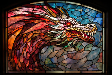 Stained glass window displaying a majestic dragon design, with intricate details and vibrant colors, generative ai