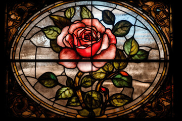 Stained glass window depicting a stunning rose design, with delicate petals and intricate details, generative ai