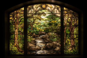 Obraz premium Stained glass window featuring a serene forest scene, with a peaceful stream and lush green trees, generative ai