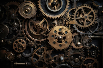 steampunk machine with an array of gears in brass and silver, set against a dark, grungy backdrop, generative ai