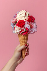 A female light-skinned hand with pink nails holding an ice cream waffle cone with flowers and cherry blossom on a seamless pink background. Generative AI technology