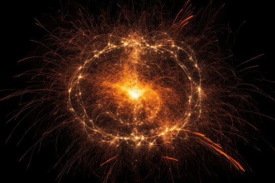 striking image of electric sparks emanating from a central source and spreading out in a circular pattern, generative ai