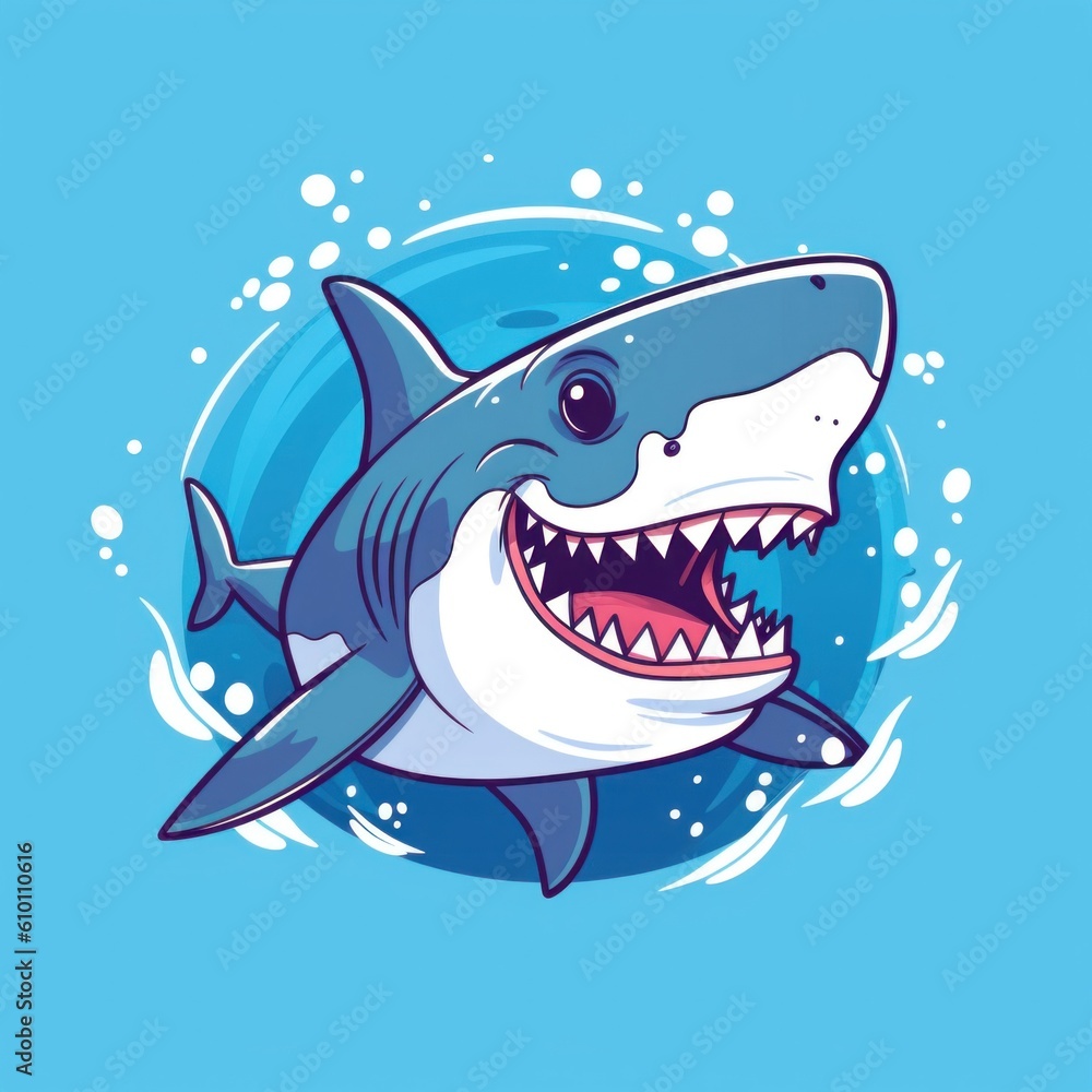 Poster a cartoon shark with its mouth open and teeth wide open. generative ai image.