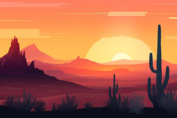 Sunset Gradient over Desert Landscape with Cactus Plants, generative ai