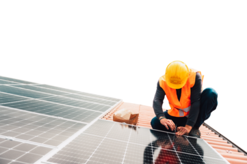 Workers assemble energy system with solar panel for electricity