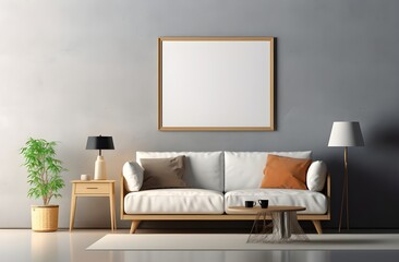 Bilderrahmen Mockup mit leerem Bild in einem modernen Wohnzimmer - Generative AI