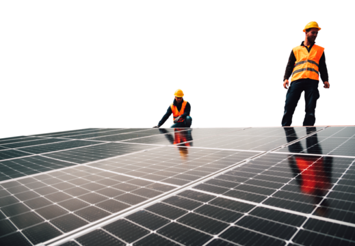 Workers assemble energy system with solar panel for electricity