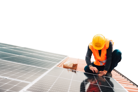 Workers assemble energy system with solar panel for electricity - Powered by Adobe