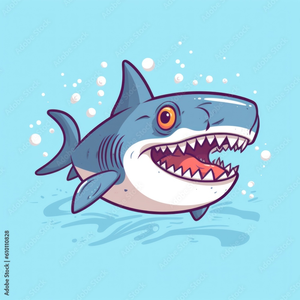 Poster a cartoon shark with its mouth open and teeth wide open. generative ai image.