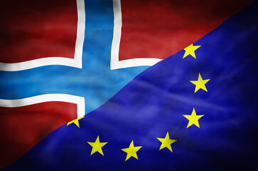Norway and European Union mixed flag. Wavy flag of Norway and European Union fills the frame. - 610110804