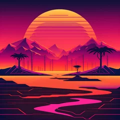 Fototapete Rosa retrowave sunset on the beach and mountains