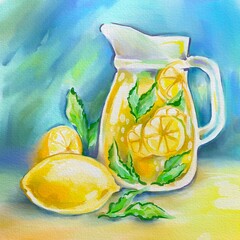 jug of lemonade with lemon