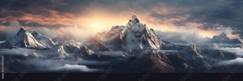 Poster a picture of a mountain range with a sunset in the background. generative ai image.
