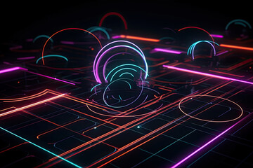 Tron-style techno grid with neon lines and glowing circles on a dark background, generative ai