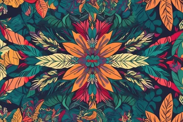 Fotobehang Tropical-inspired kaleidoscope pattern with exotic motifs and vibrant colors, generative ai © aicandy
