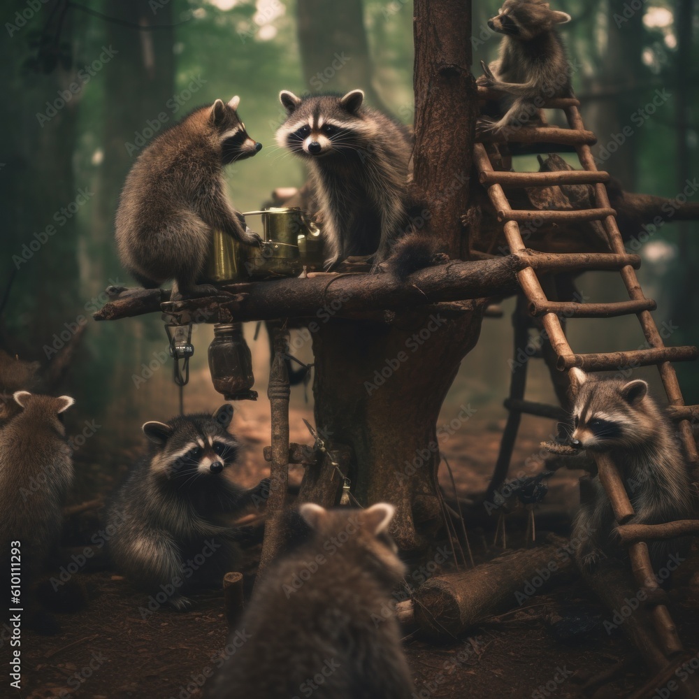 Poster a group of raccons sitting around a tree in a forest. generative ai image.