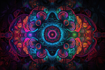 Vibrant and dynamic psychedelic pattern with swirling neon colors and kaleidoscopic shapes creating a mesmerizing visual experience, generative ai