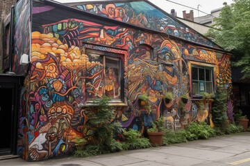 Vibrant Graffiti Mural Depicting Urban Life, generative ai