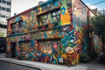 Vibrant Graffiti Mural Depicting Urban Life, generative ai