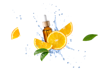 Brown bottle of face serum with vitamin C or essential oil and orange slices  flying in splashing water isolated on white