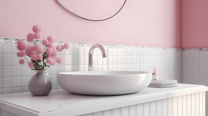 Naklejka na ściany i meble Realistic 3D render close up elegant bathroom vanity countertop with white ceramic wash basin and faucet, pom pom flowers. Morning sunlight, Blank space for beauty product display, pink wall tiles, Br