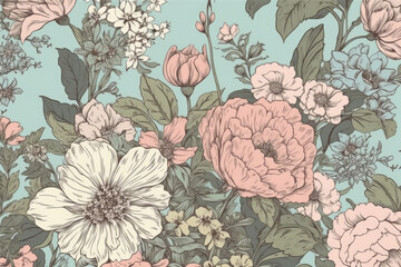 Vintage floral wallpaper with delicate pink and blue flowers on a pale green background, generative ai