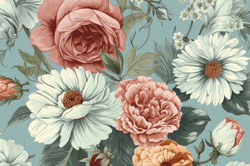 Vintage floral pattern with faded roses and daisies on a light blue background, generative ai