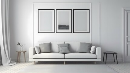 Obraz na płótnie Canvas Blank picture frame mockup on white wall. Modern living room design. View of modern scandinavian style interior with sofa. Three square templates for artwork, painting, photo or poster, Bright color,