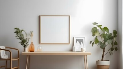 Obraz na płótnie Canvas Blank picture frame mockup on white wall. Artwork in minimal interior design. View of modern boho style interior with canvas for painting or poster on wall. Minimalism concept, Bright color, ultra rea