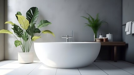 Naklejka na ściany i meble White round side table, bathtub, counter and tropical plant in modern and luxury bathroom with sunlight and leaf shadow on granite tile wall for personal care and toiletries product display, Bright co