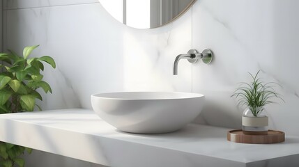 Naklejka na ściany i meble White marble vanity counter top and wall tiles with ceramic wash basin, modern minimal style faucet in bathroom in morning sunlight with house plant shadow. 3D render for product display background, B