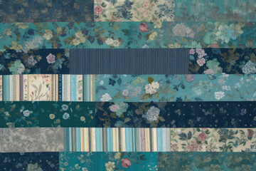 Vintage-inspired patchwork quilt in shades of blue and green with a mix of floral and striped prints, generative ai - obrazy, fototapety, plakaty