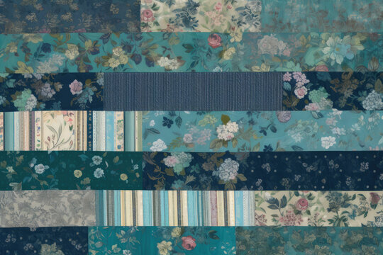 Vintage-inspired patchwork quilt in shades of blue and green with a mix of floral and striped prints, generative ai