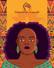 Juneteenth black woman illustration on african pattern background