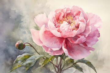 Watercolor painting of a single pink peony with intricate details and soft brushstrokes on a light background, generative ai