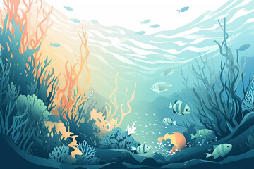 Fototapeta na wymiar Wavy lines in a serene underwater scene with colorful fish and coral reefs, generative ai