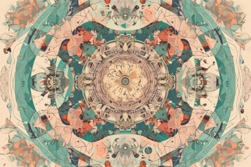 Whimsical kaleidoscope mandala designs in pastel shades with intricate details and playful shapes, generative ai