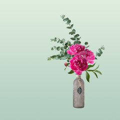 Natural green eucalyptus plant twigs and bouquet of pink magenta peony flowers in vintage grey glass vase bottle isolated