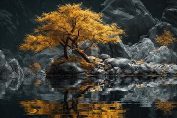 Fototapeta na wymiar A bonsai with golden leaves standing on a river or rock. Generative Ai